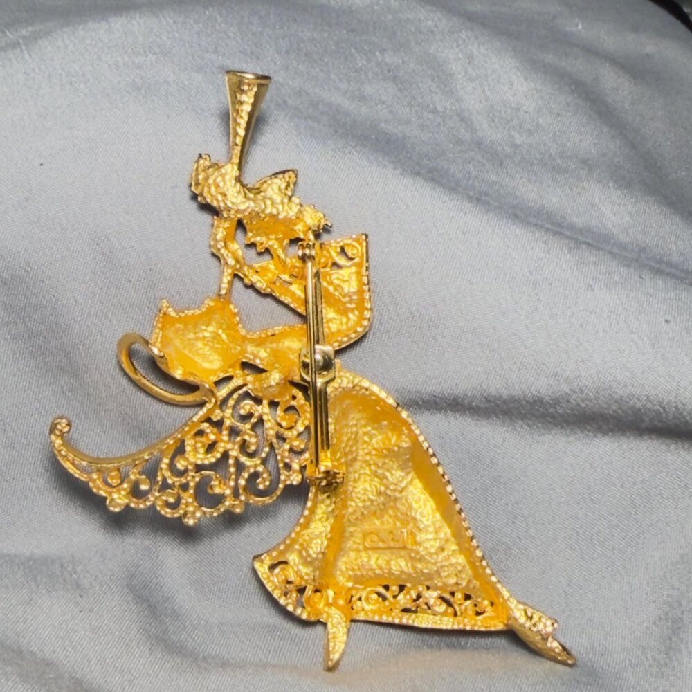Angel Brooch JJ Gold Tone Rhinestone Filigree Wing Figural Pin 3.75” - Picture 9 of 9